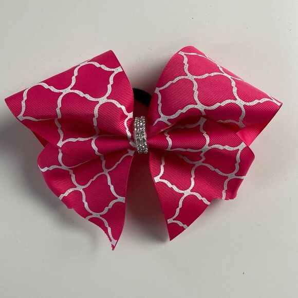 Cheerleader Pink and White Cheer Bow Rhinestone Center on Ponytail Holder - Picture 4 of 9